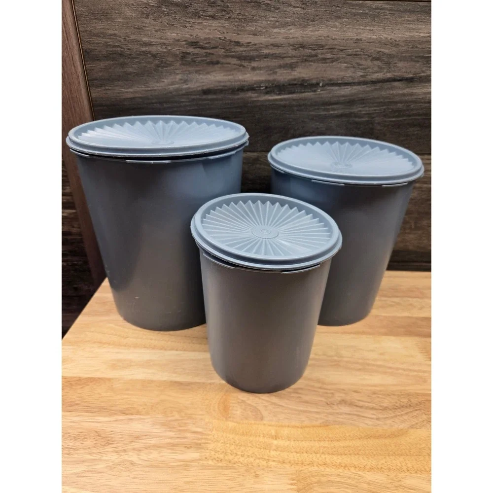 Tupperware Servalier Canister Set 3 blue Nesting Containers Sunburst Lids Retro